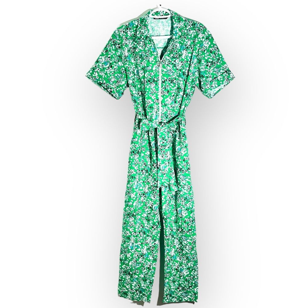 New Zara Jumpsuit Green Floral Print Zip Front Short Sleeves Size M - Picture 3 of 6